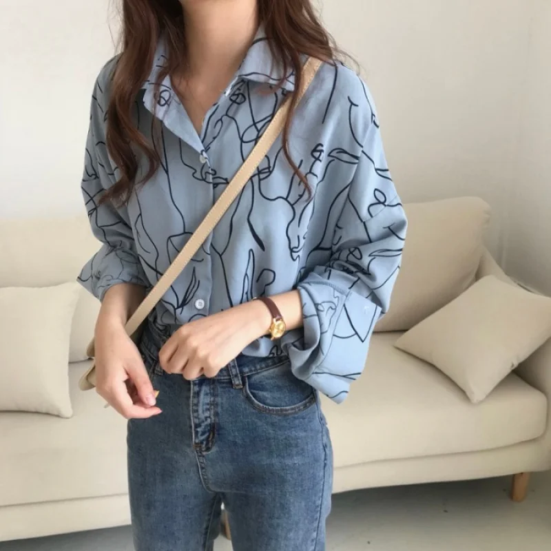 Женская свободная рубашка с лацканами и принтом милые рубашки в Корейском стиле