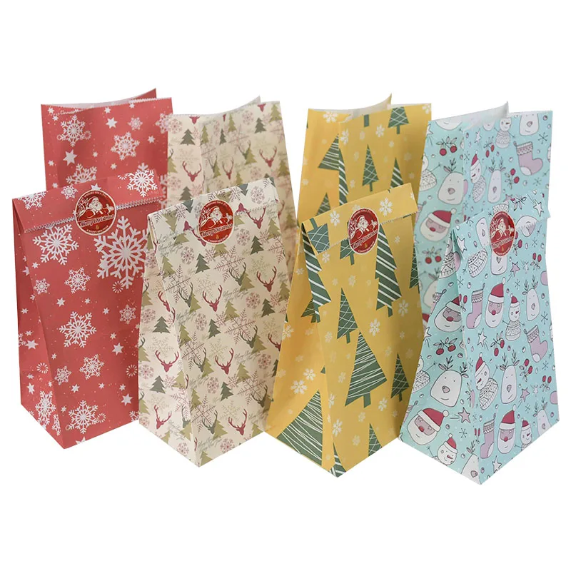 

12pcs/set Stand Up Paper Bag Christmas Gift Bags Open Top Candy Cake Food Package Treat Bag Xmas Decoration Home Party Favors