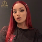 Плотность 180, бордовый, красный парик из человеческих волос с T-образной частью, Прямые Цветные предварительно выщипанные прозрачные кружевные парики для черных женщин, Nabeauty