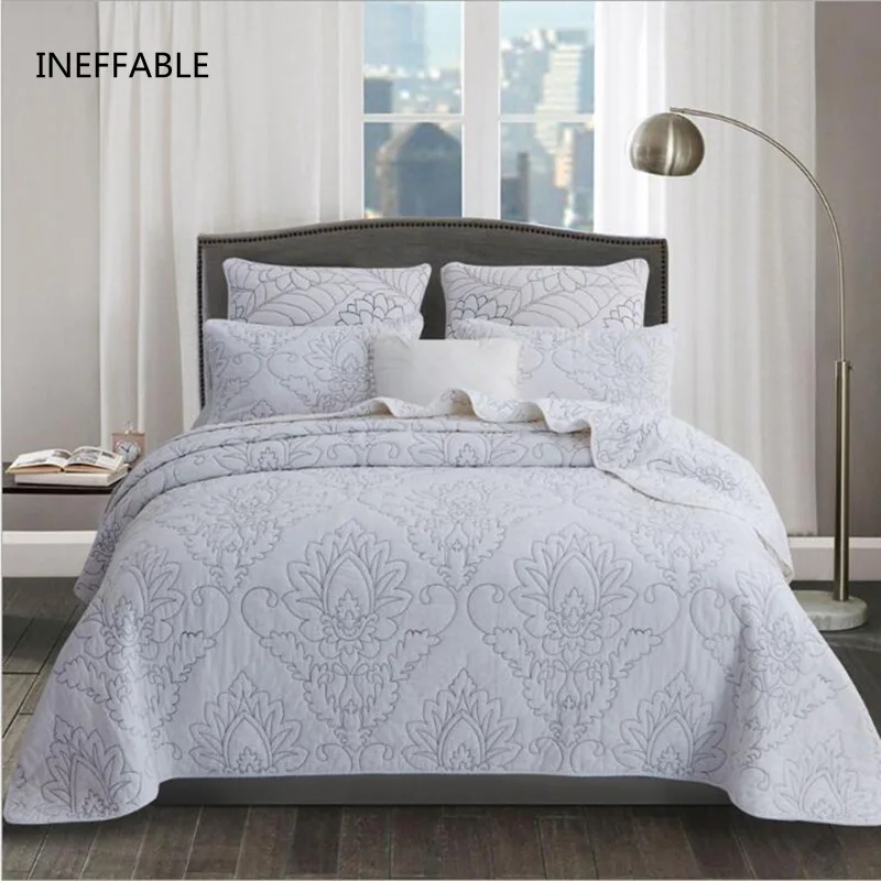 

100% Cotton yarn Quilted Geometry embroidery Bedspread Bed Cover Bed Sheet size 230x250cm blanket Pillowcases 3pcs