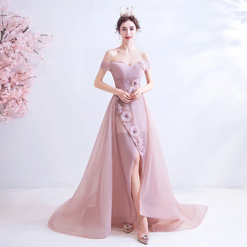 Женское вечернее платье SSYFashion розовое кружевное с вырезом лодочкой и цветочным