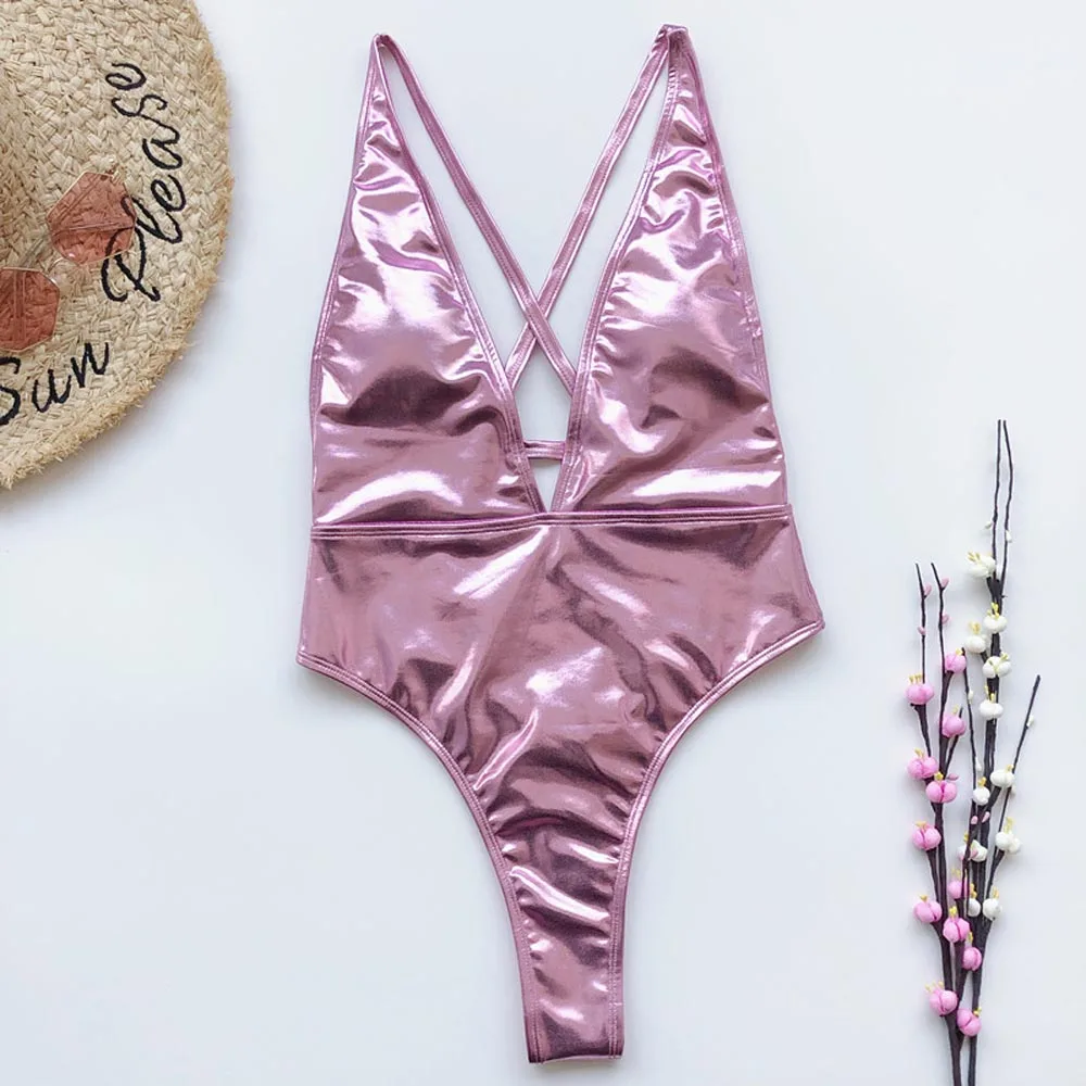 Сексуальный женский слитный купальник из искусственной кожи с глубоким