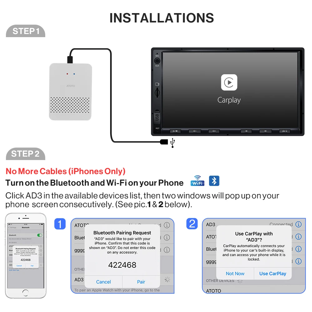 Беспроводной адаптер ATOTO CarPlay для IOS Plug and Play Audi Benz Chevrolet Volkswagen Volvo Ford Honda Renault Mazda Porsche