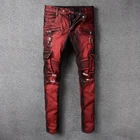 Мужские рваные джинсы в стиле Хай-стрит, темно-красные брюки-карго с большими карманами, стиль хип-хоп