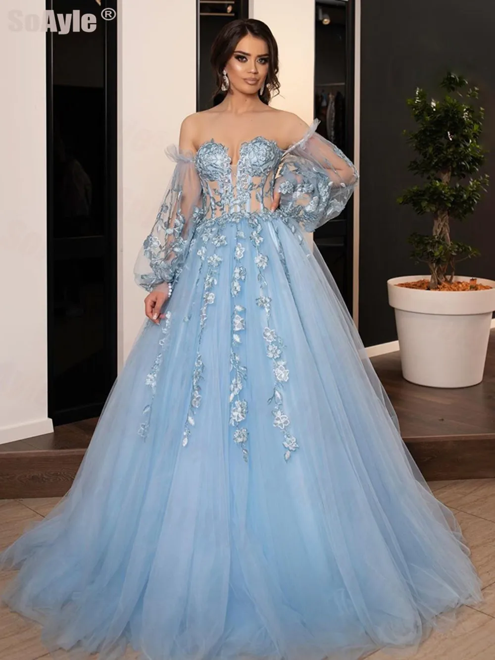 

SoAyle Evening Dress Ball Gown Sweetheart Blue Appliques Beading Lace Evening Dress 2020 Long Sleeves Vestido de Festa