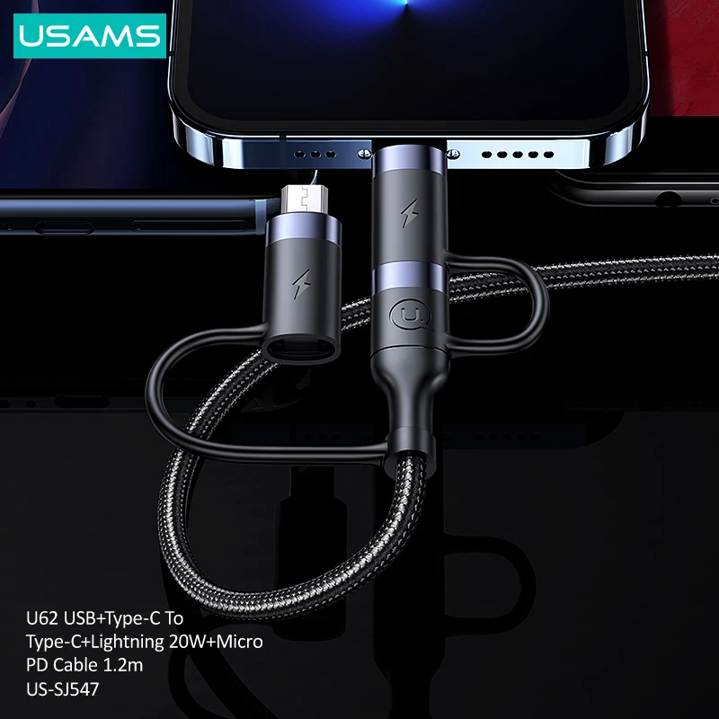 USAMS 60W 3 in 1 USB Cable Type C Cabl 1.2m Fast Charge Cable For iPhone 13 12 11 Pro Max Huawei Xiaomi Charger Micro Data Cable