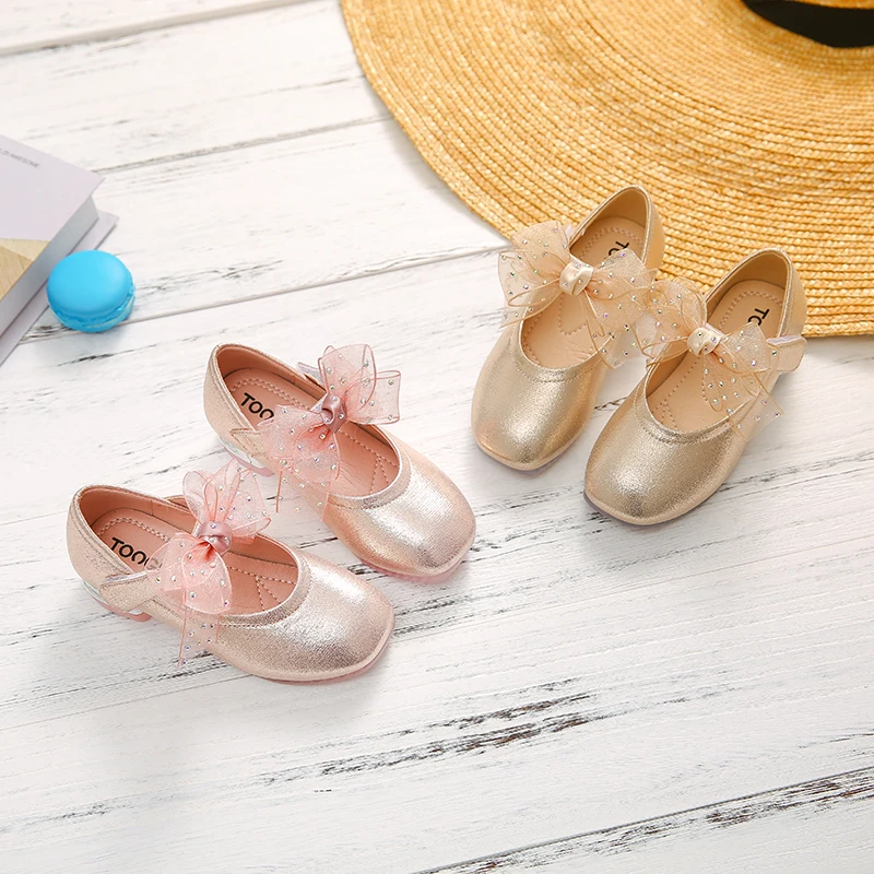Весна 2020 Детская обувь принцессы с бантом из искусственной кожи на каблуке