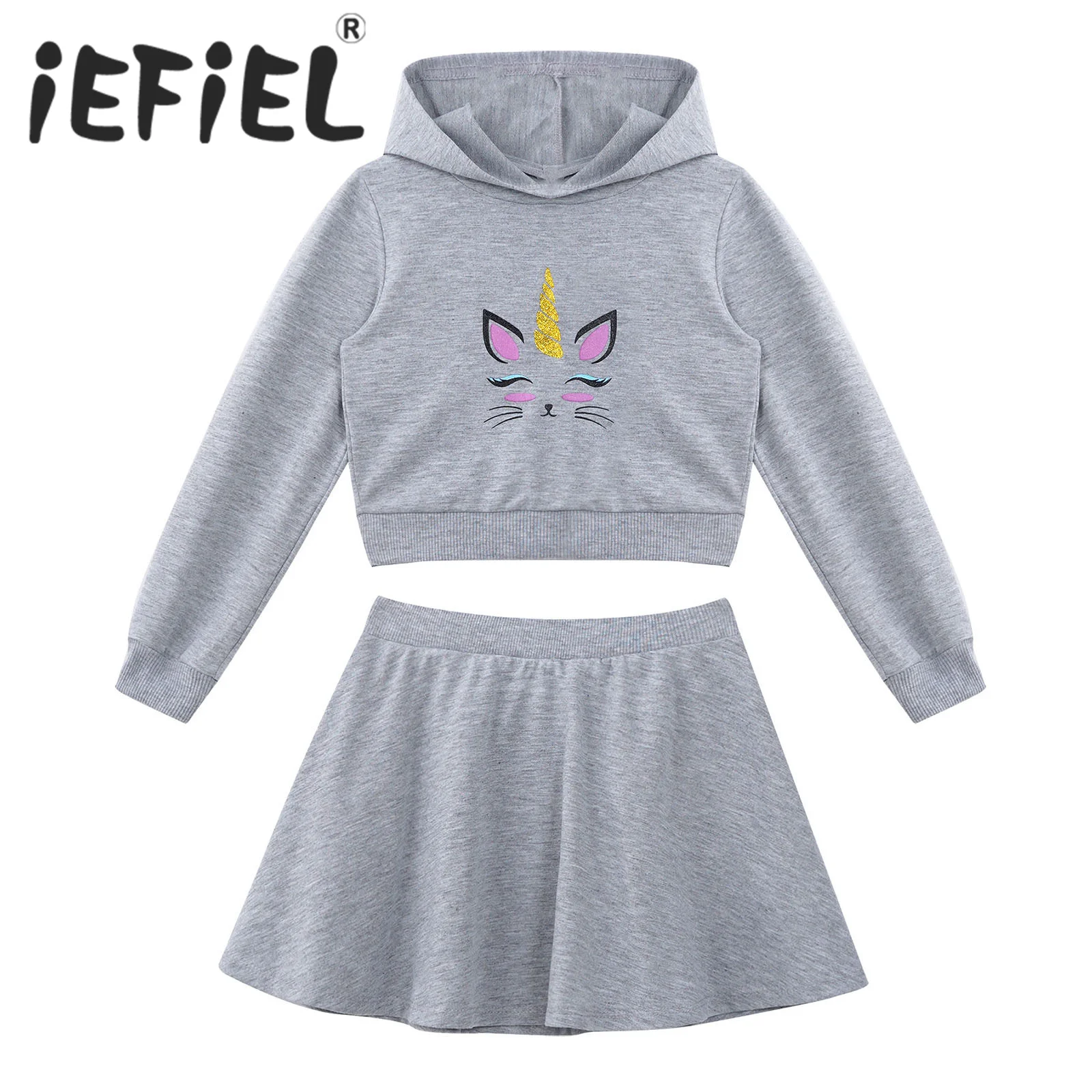 

Kids Girls Clothes Set Long Sleeve Cute Cartoon Print Top Workout Running with Solid Color Skirt Sets Ballet Dancewear Outfits