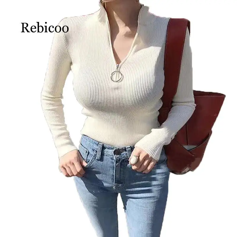 

Zipper high collar solid ladies sweater tight stretch knit full sleeve pullover female soft Christmas pullover