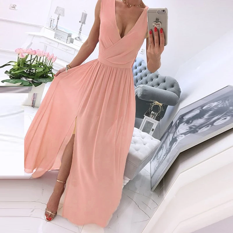 

Elegant Women Chiffon Split Maxi Party Dress Vintage Solid Color Long Dresses Vestidos Summer Deep V-Neck Sleeveless Beach Dress