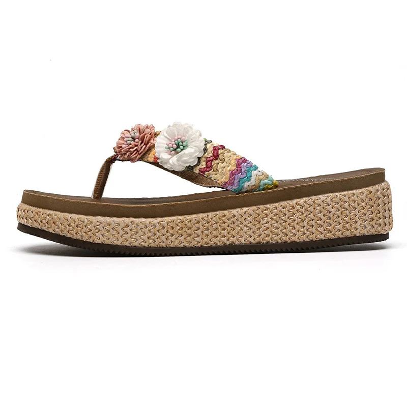 

Bohemian Style Womens Flower Platform Mel Heel 4CM Flip Flop Slippers Summer Sandals Shoes Beach Beautiful Weave Sandalias