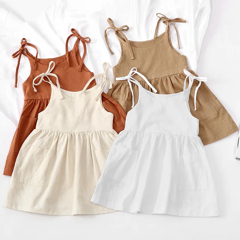 

Girls' Linen Side Pockets Lace Up Children's Sling Dress Toddler Girl Summer Clothes 2022 Flower Girl Dresses Girls Clothes