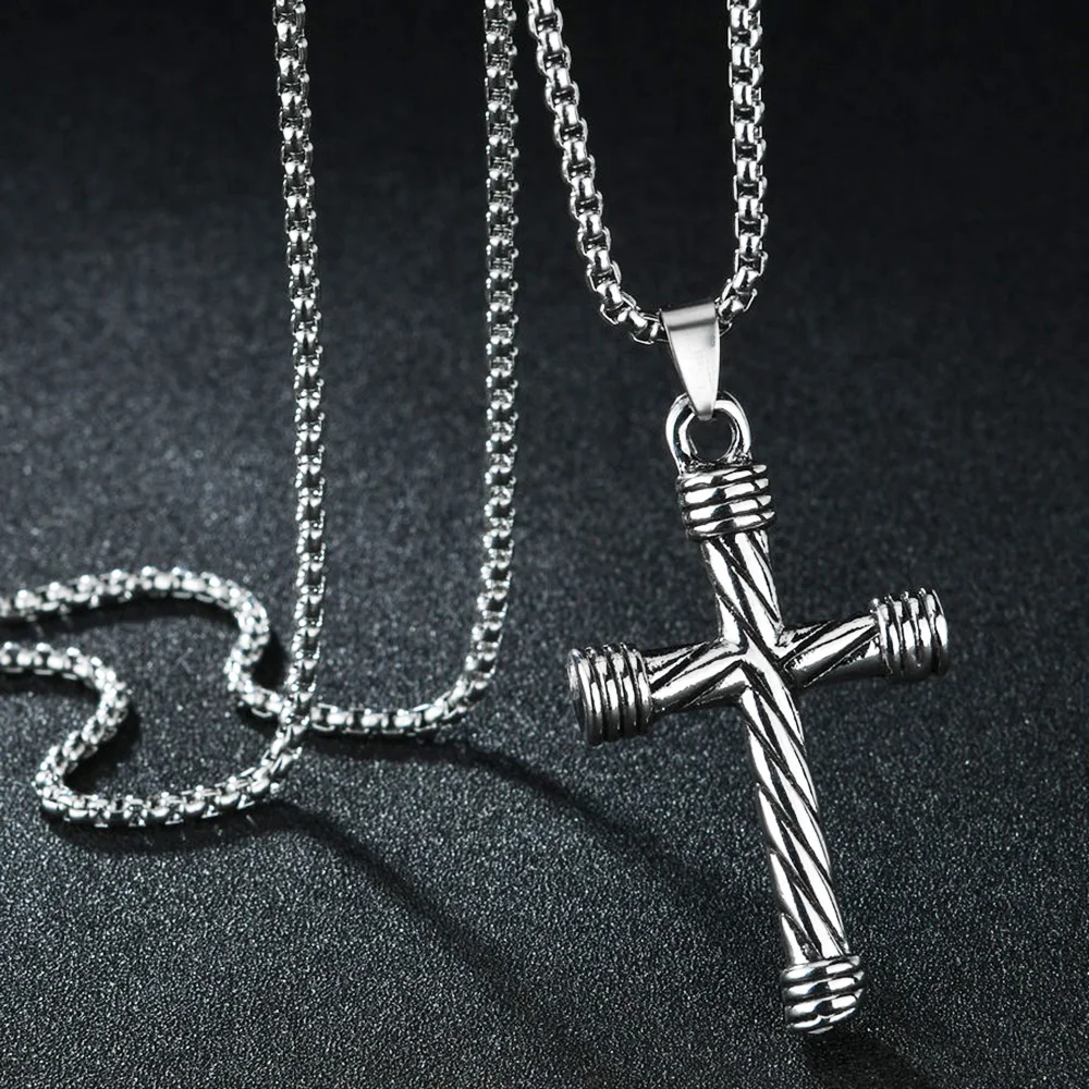 

2021 Vintage Stainless Steel Long Chain Necklaces For Men Women Jesus Cross Pendant Necklace Accessory Jewelry Gift
