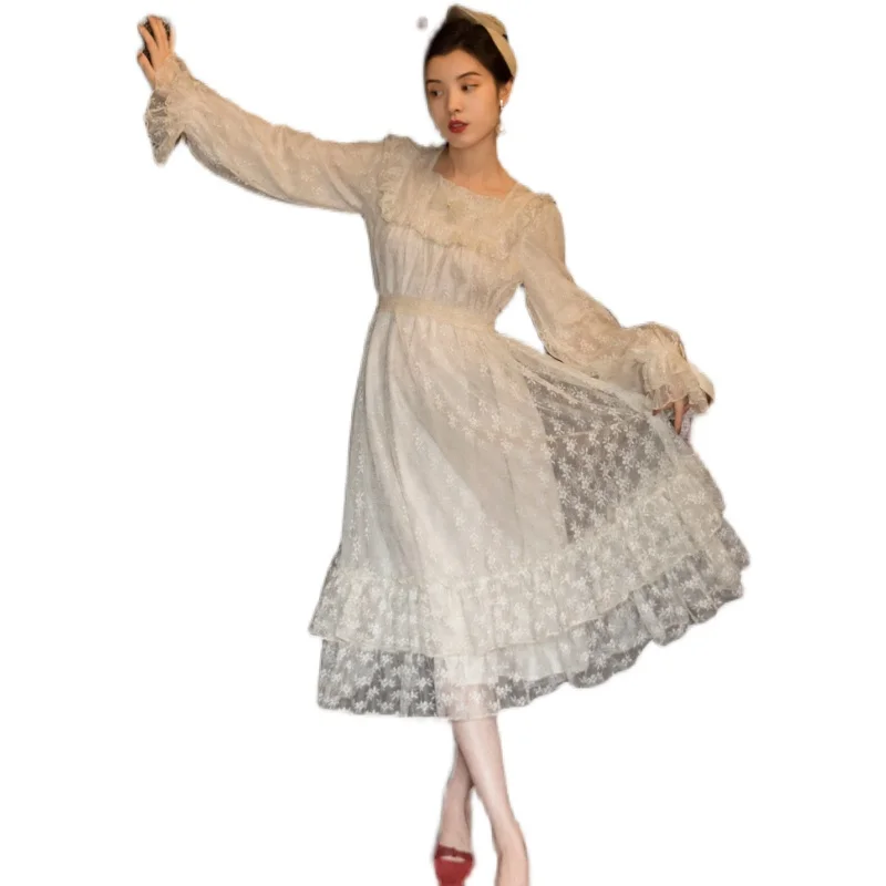 

Summer dress women Flower Embroidery O neck Long Sleeve Mesh High waist Dress Lace Tunic Beach Dress vestido de mujer