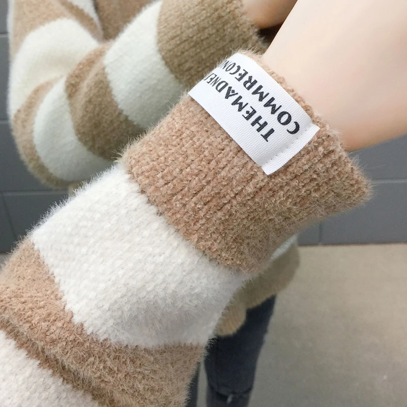 

Faux Mink Fur Knitted Sweaters Winter Thick Warm Korean Women Turtleneck Pullovers Black White Striped pull femme nouveaute 2019