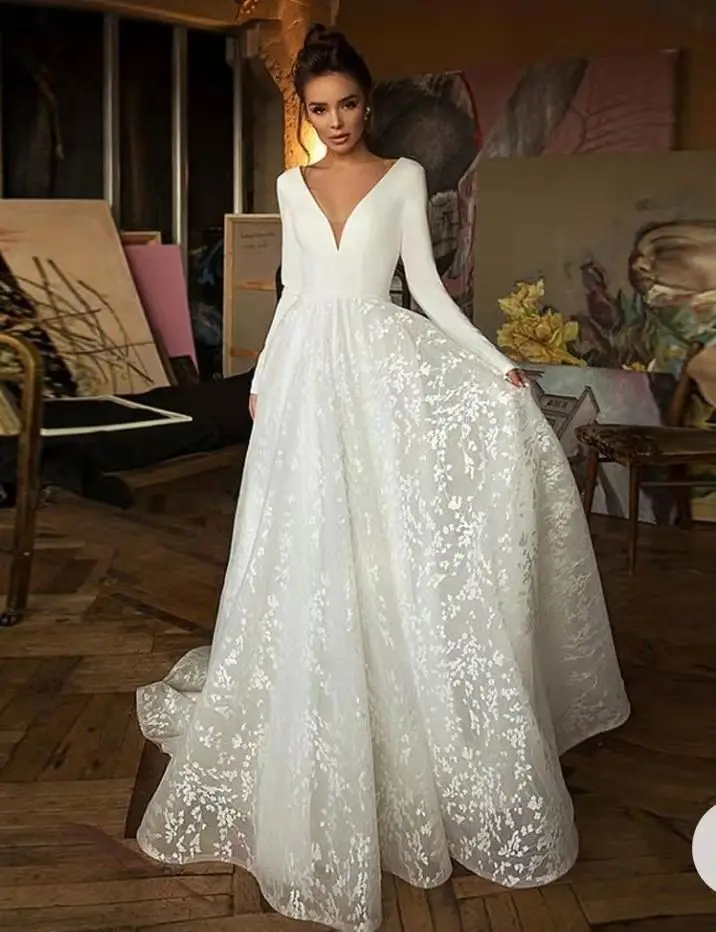 

Vintage Long A-Line V-Neck Lace Wedding Dresses with Sleeve Sweep Train Zipper Back Satin Bridal Gowns for Women