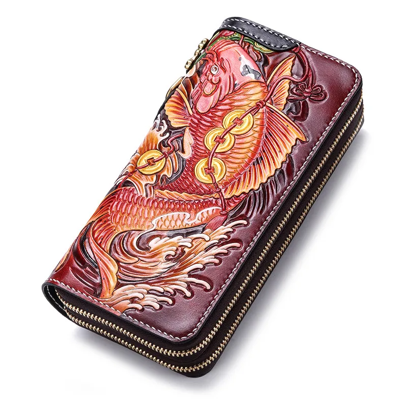 Кошельки из натуральной кожи ручной работы сумка с резьбой по карпа кошельки