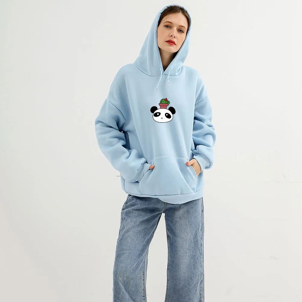 Panda and Cactus Plant Hoodie Harajuku Sweatshirt Cool Hoodies for Women Gothic Aesthetic Long Sleeve Pocket Sweetshirt for Girl