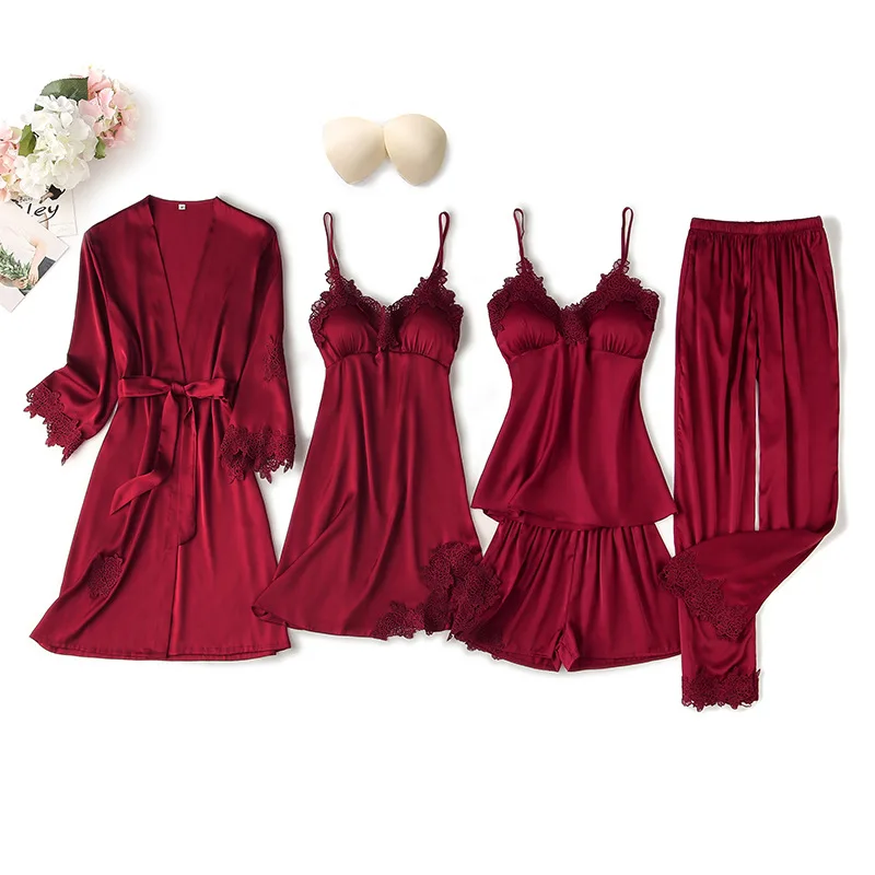 

Women Pajamas Satin Sleepwear 5PCS Sexy Casual Homewear Set Robe Lace Suit Comfortable Nightdress Intimate Lingerie Soft