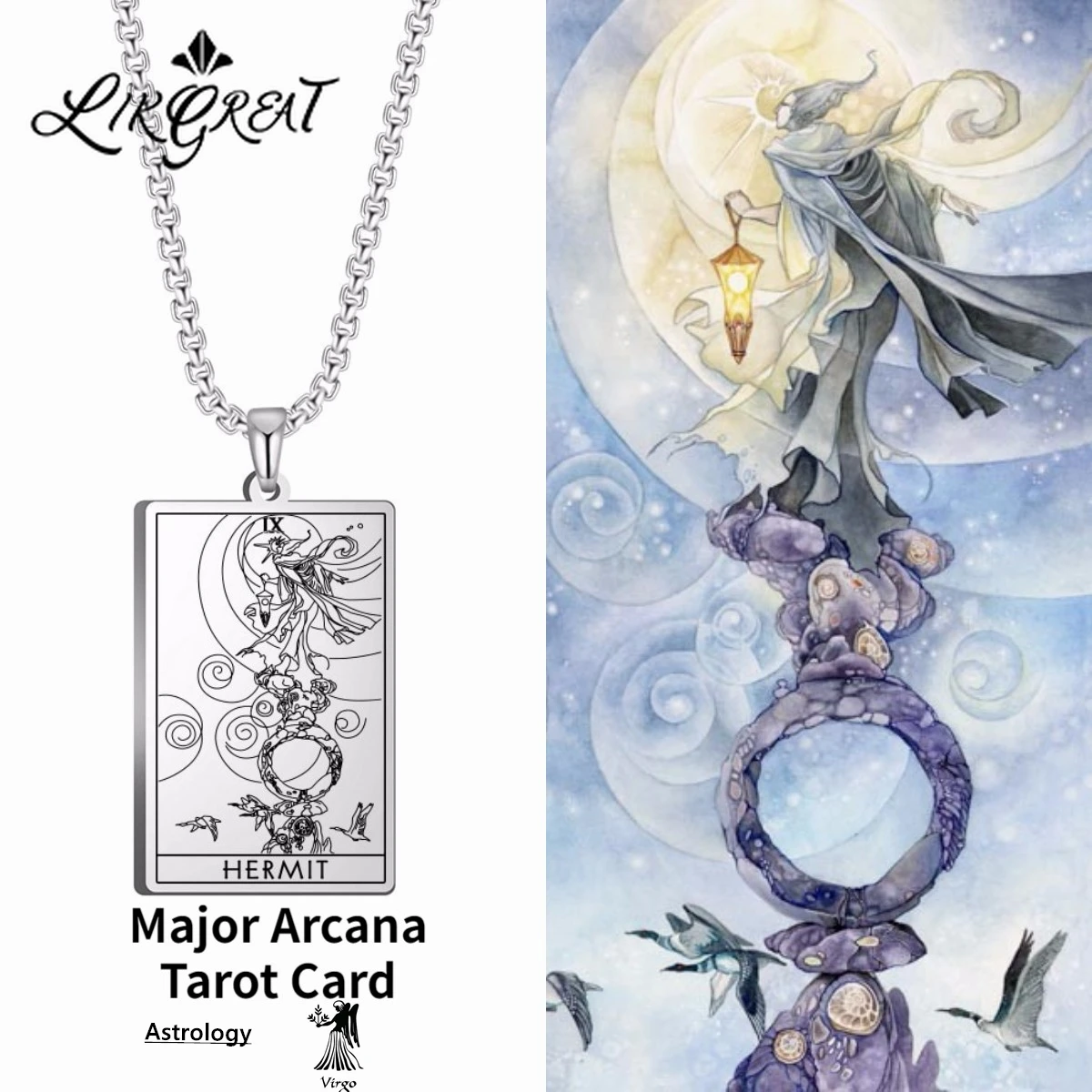 

Major Arcana Tarot Card Hermit Pendant Necklaces Stainless Steel Amulet Charms Chains Jewelry Aesthetic Witchcraft Zodiac VIRGO