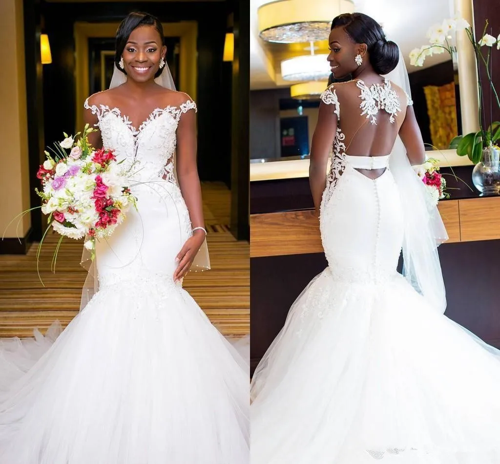 

2020 New White Sheer Neck Capped Sleeves Lace Mermaid Wedding Dresses Gorgeous Appliqued Tulle Hollow Back African Wedding Brid