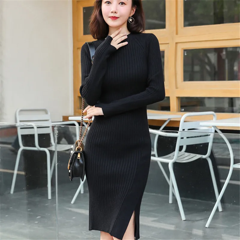 Осеннее трикотажное платье женские свитера элегантный женский свитер с разрезом