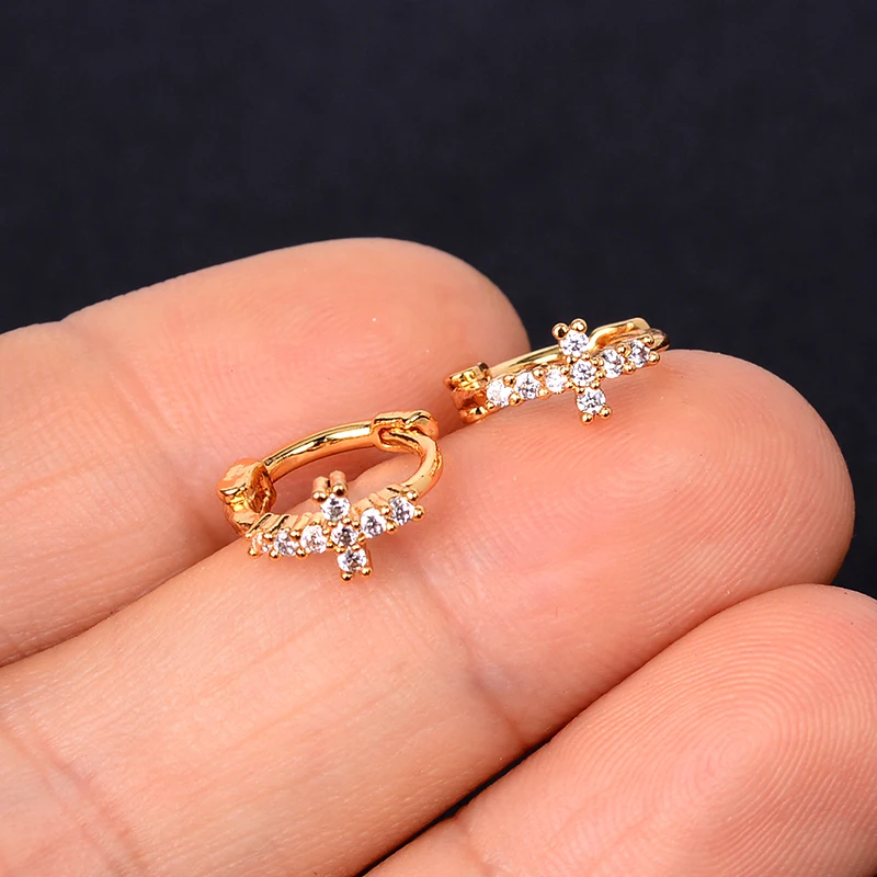 

korean Simple Piercing Cross Flower Hoops huggie Earrings Rings Small Geometry Round Rhinestones Gold Color Hoop Earrings Gift