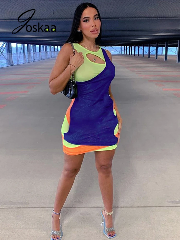 

Joskaa Patchwork Mesh Sheer Bodycon Dress Women Hollow Out Birthday Party Beach Dress Summer 2021 Sexy Night Club Mini Dress
