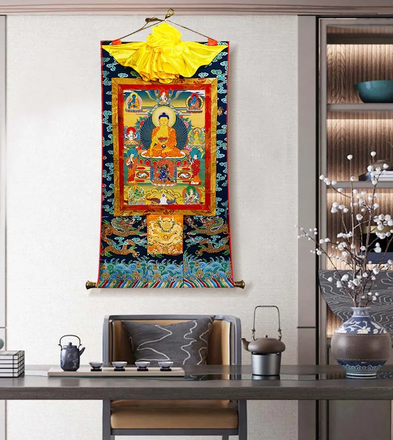 Kopen Hoogwaardige Boeddhisme Thangka Thuis Altaar Muur Decor Art Silk Sakyamuni Boeddha Thang-Ga Schilderen Groothandel Boeddhistische Supply Grote