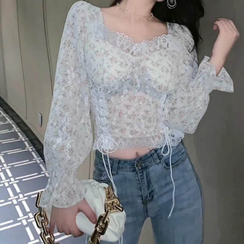 Блузка женская кружевная с цветочным принтом модный топ в французском винтажном