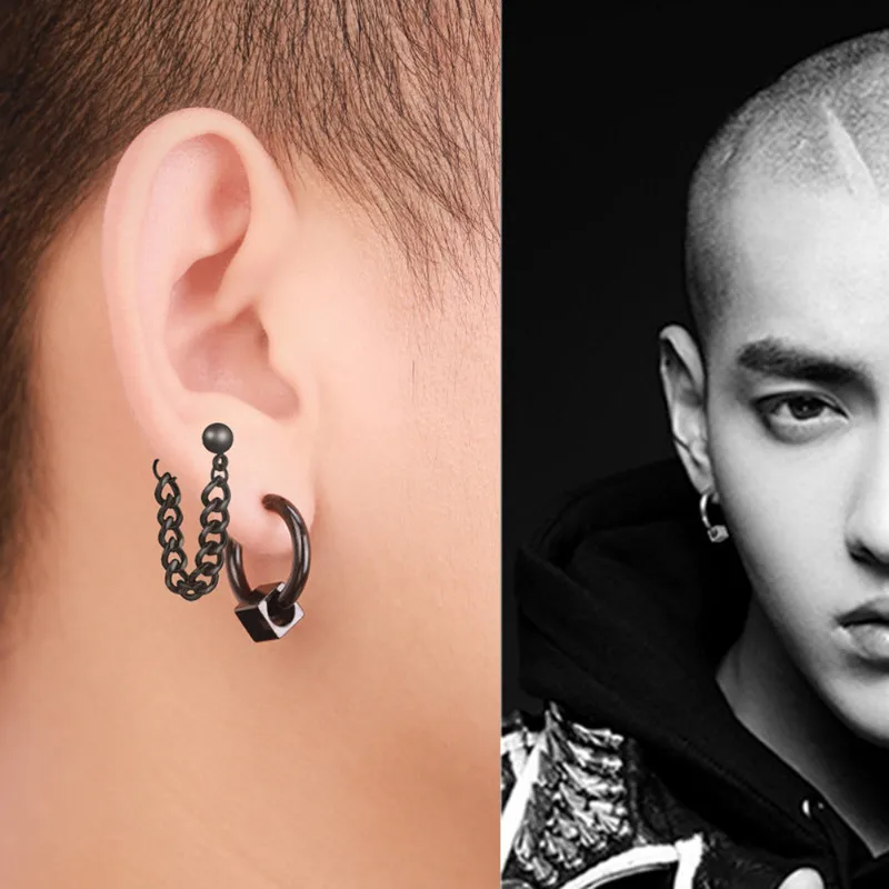 Титановые серьги кольца для мужчин и женщин с кубической цепочкой