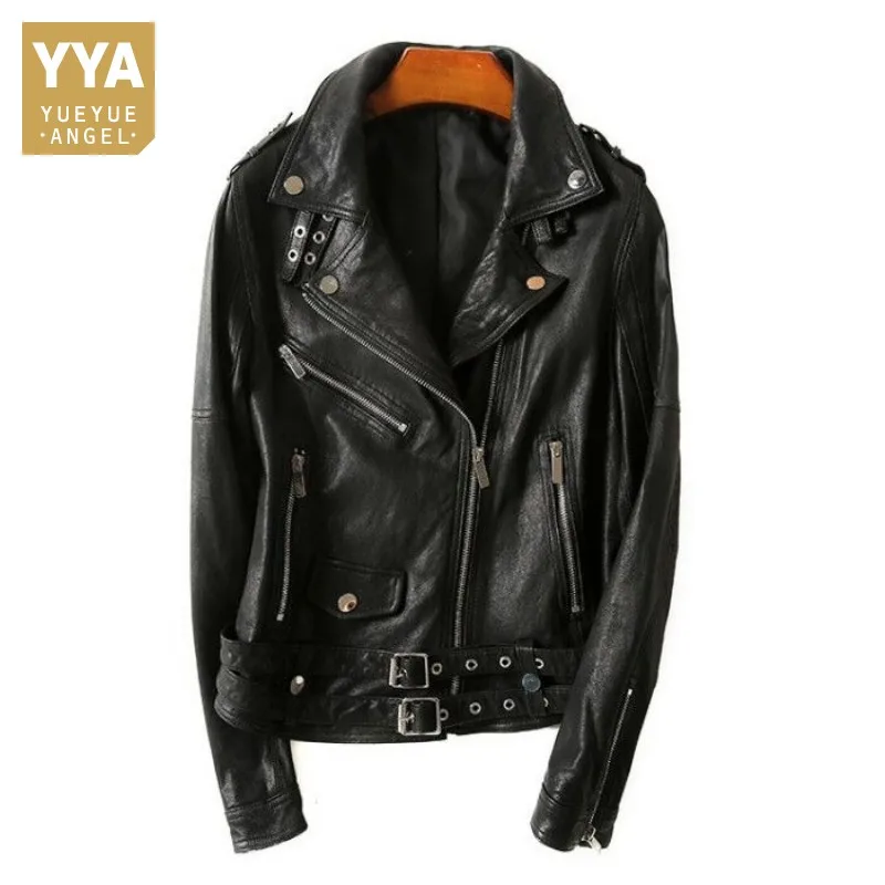 

Genuine Leather Biker Jacket Women Streetwear Sashes Zipper Slim Sheepskin Coat Autumn Winter Punk Black Short Jacket Female