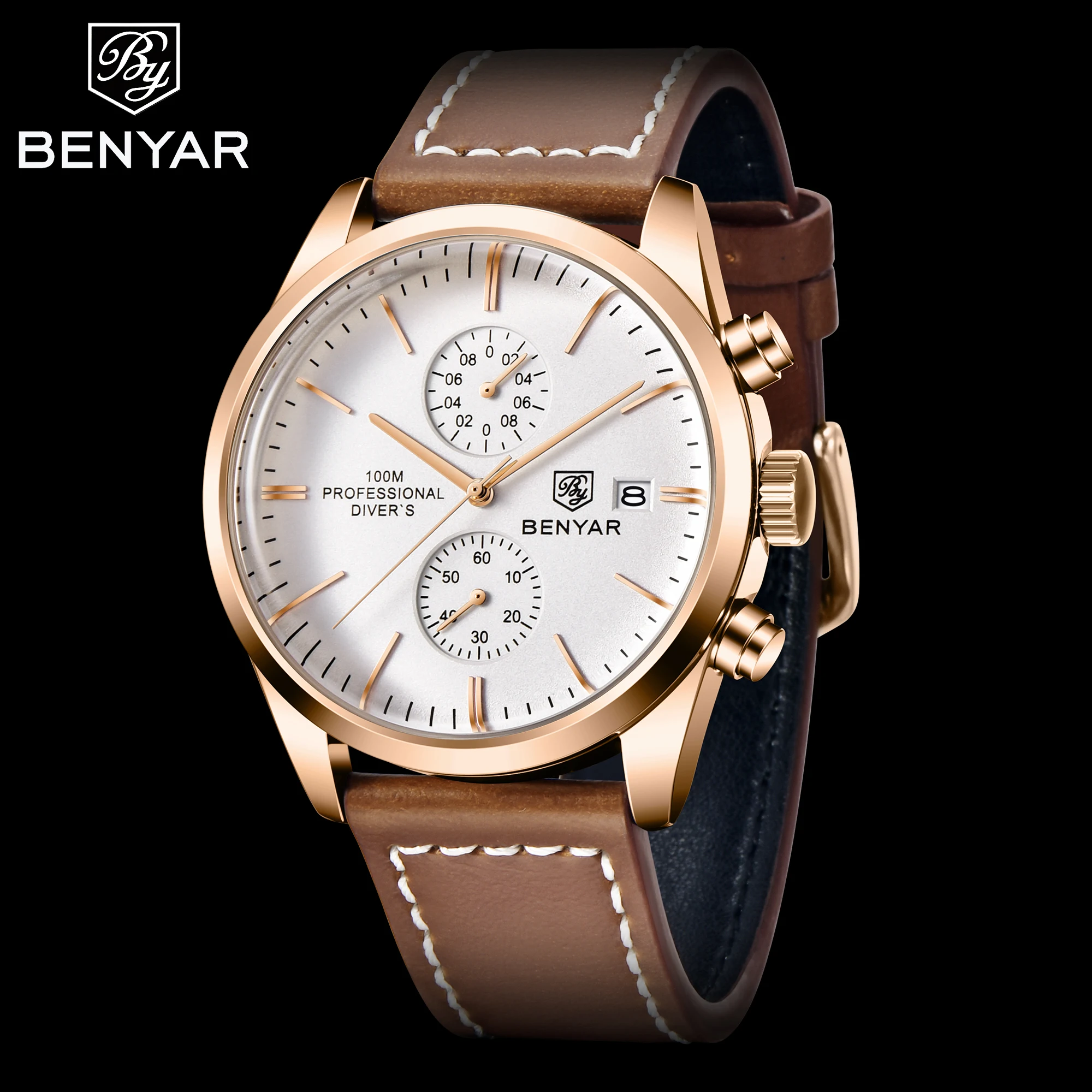 

New BENYAR Design Men Watches Top Brand Luxury Waterproof Leather Quartz Wristwatch Sports Chronograph Relogio Masculino