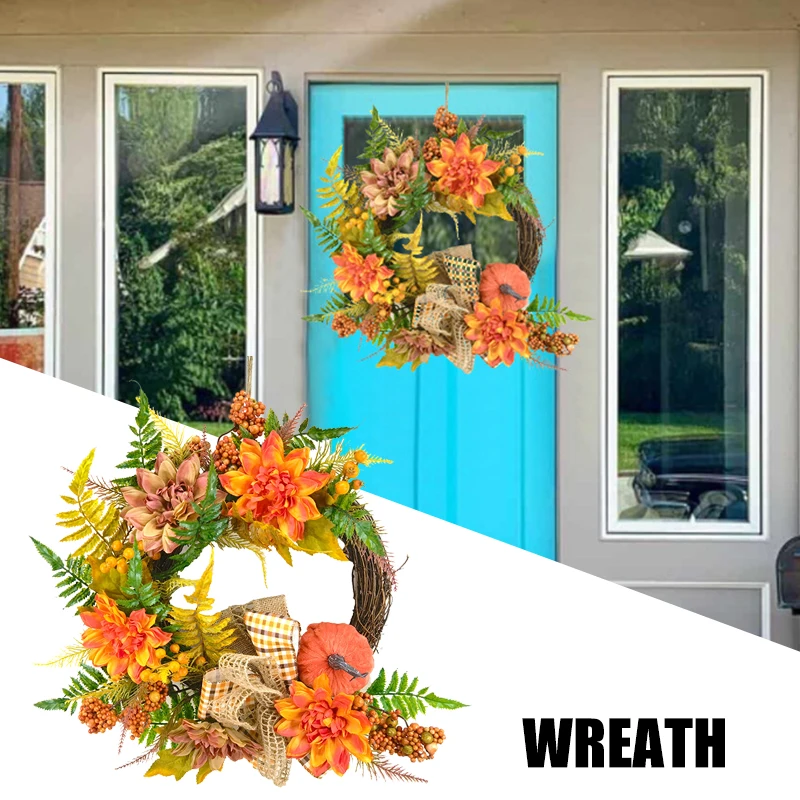 

Halloween Wreath Autumn Wreath Rustic Flower Pumpkin Garland Creative Front Door Pendant for Home Garden Farmhouse Decoration