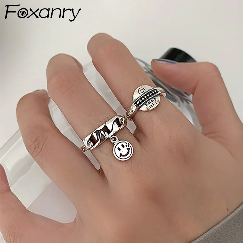 

Foxanry 925 стерлингового серебра в виде улыбающихся рожиц кольца Новая мода в винтажном стиле, сапоги в панковском стиле с буквенным принтом це...