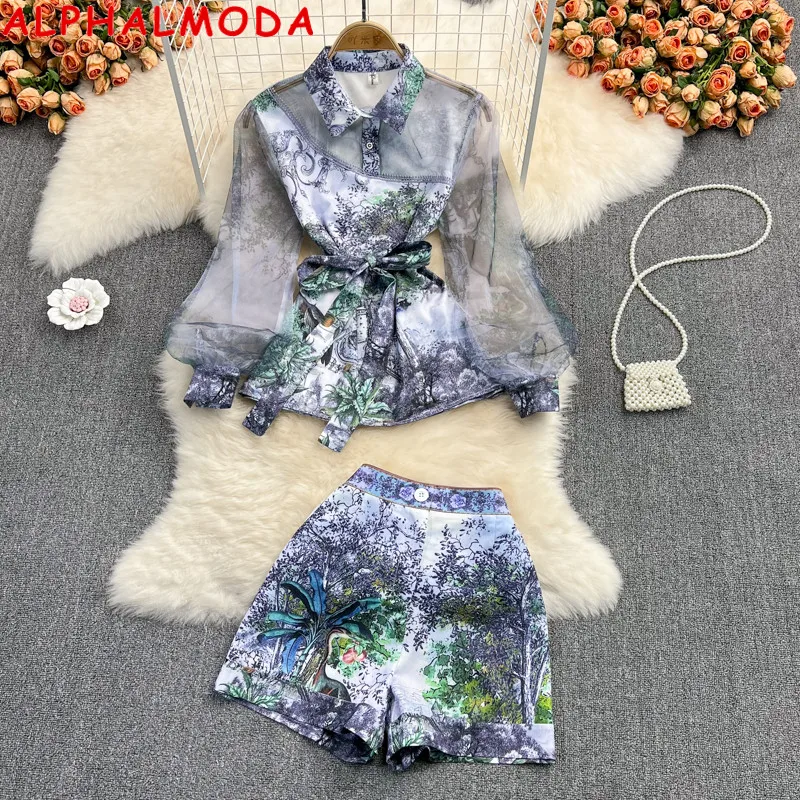 

Женский винтажный костюм ALPHALMODA, рубашка и шорты с длинным рукавом с принтом чернилами, комплект из 2 предметов, 2022
