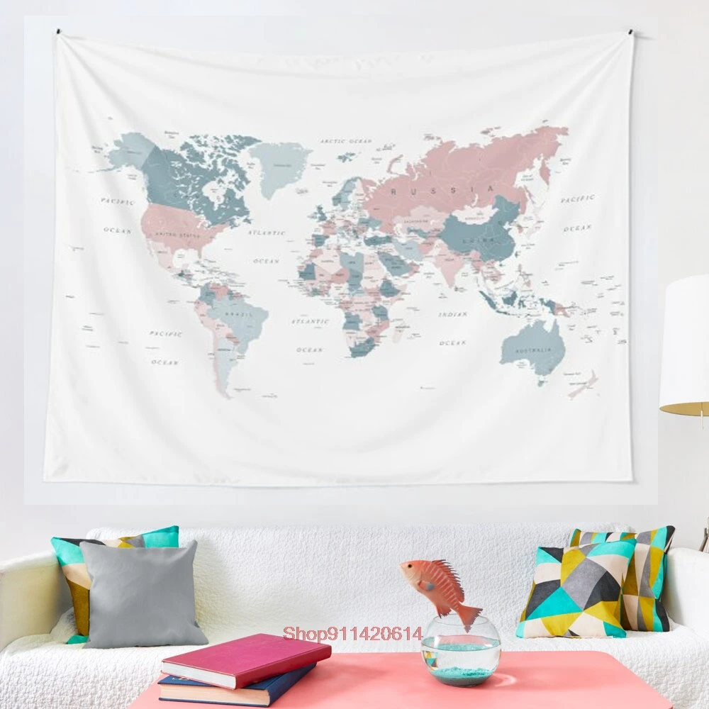 

Map of the World in Pink and Blue tapestry Cover Beach Towel Picnic Yoga Mat Home Decoration Wall Hanging