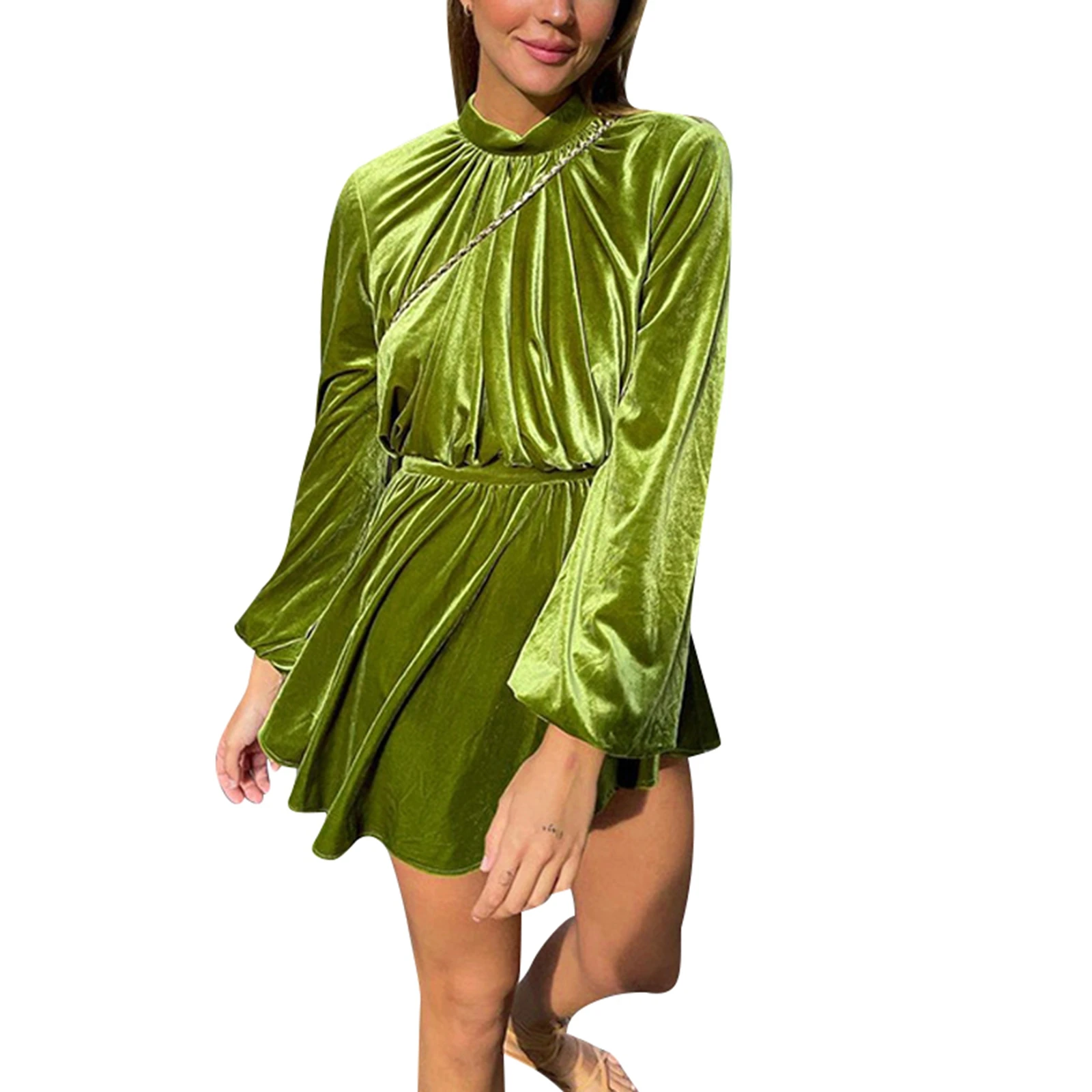 

Женское осеннее платье с открытой спиной, пикантное платье с рюшами, длинным рукавом и круглым вырезом для взрослых, женские платья