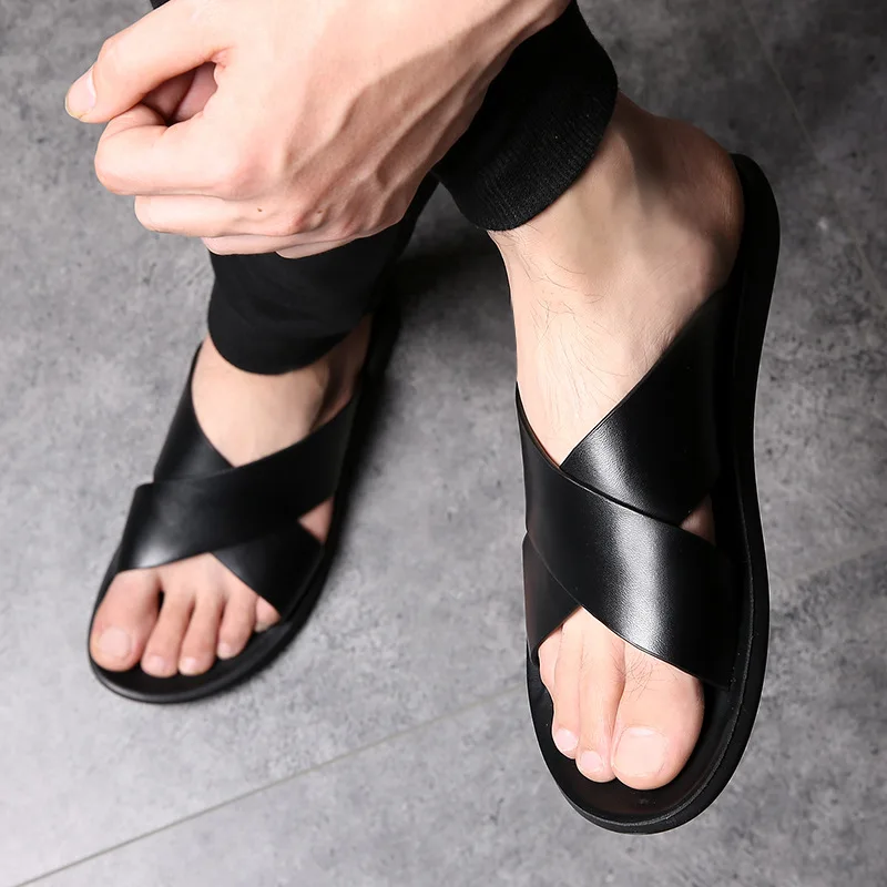 

Summer Leather Slippers Men Casual Beach Shoes Non-slip Slippers Male Thick Rubber Sole Black Slides Boy Slip on Slippers