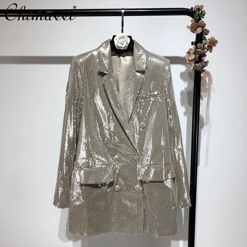 

Office Lady Sequined Suit for Women 2021 Early Fall Women's Fashion Blingbling Long Sleeve Blazer Female Long Sleeve Long Blazer