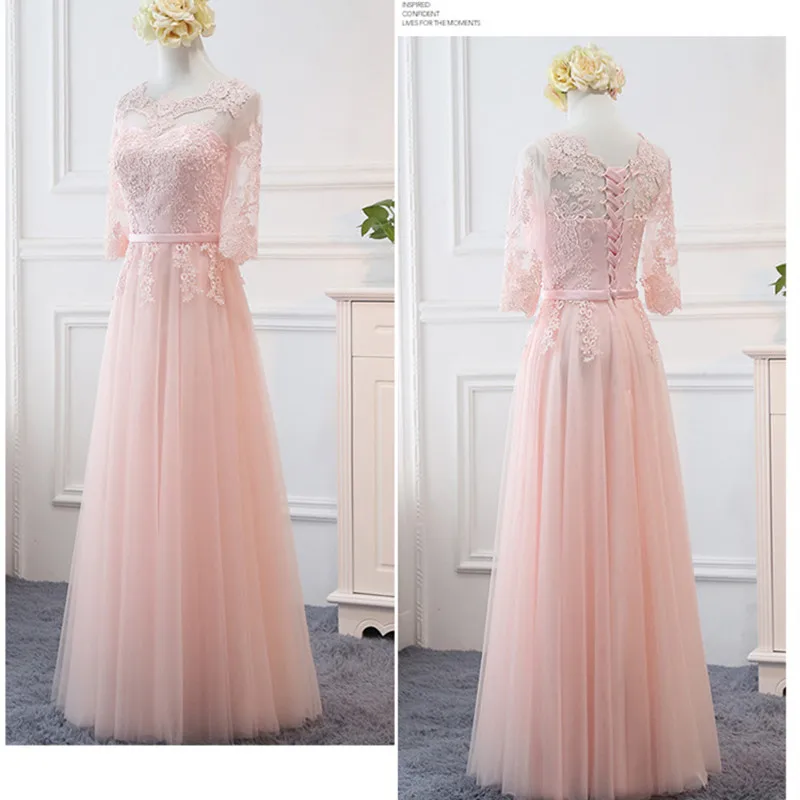 

NCG 110-100#Lace up Net yarn Long Bridesmaid Dresses Pink New spring Wholesale Wedding Party Prom Bridal Dress Medium sleeve