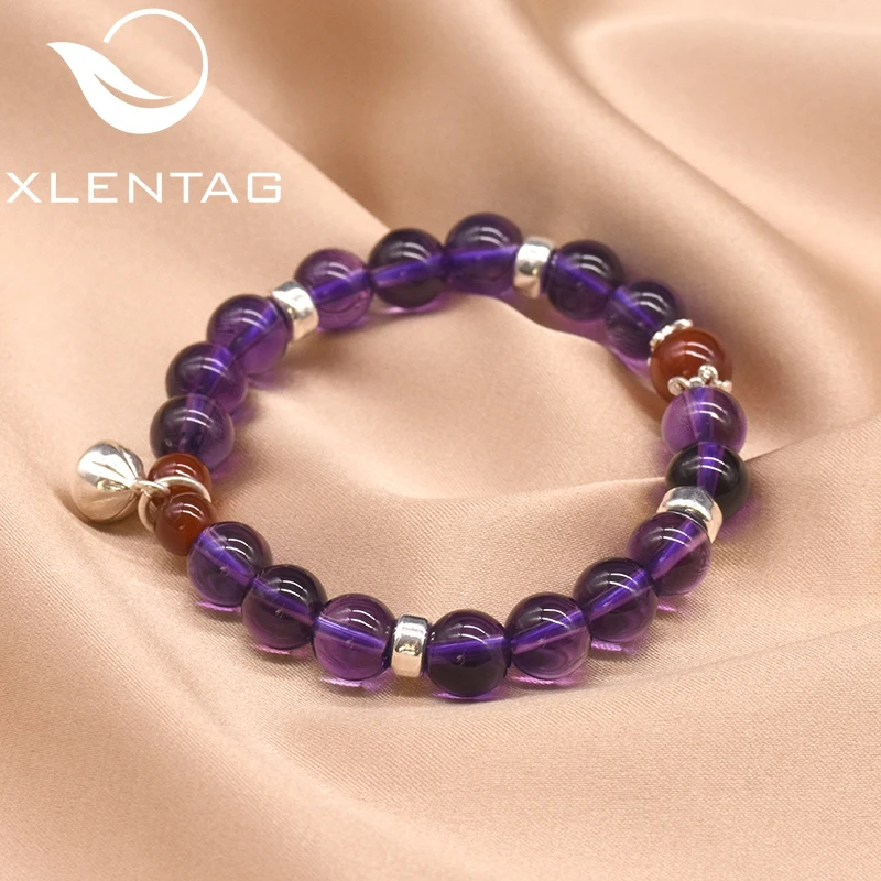 XlentAg, 925 пробы, Серебряный женский браслет, натуральный камень, аметист, агат, подарок, регулируемые браслеты, роскошные ювелирные изделия GB0070