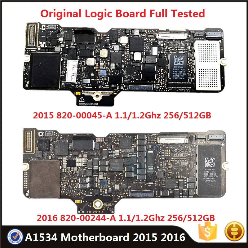 

Original 820-00045-A 820-00244-A Motherboard For MacBook Retina 12" A1534 2015 2016 1.1GHz 1.2GHz 256/512GB 8G Ram Logic Board