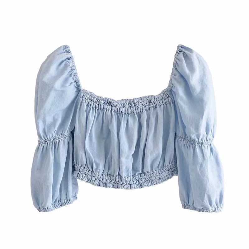 

Женская укороченная блузка с длинным рукавом-фонариком Za, синяя винтажная эластичная плиссированная блузка с открытой спиной, лето 2021