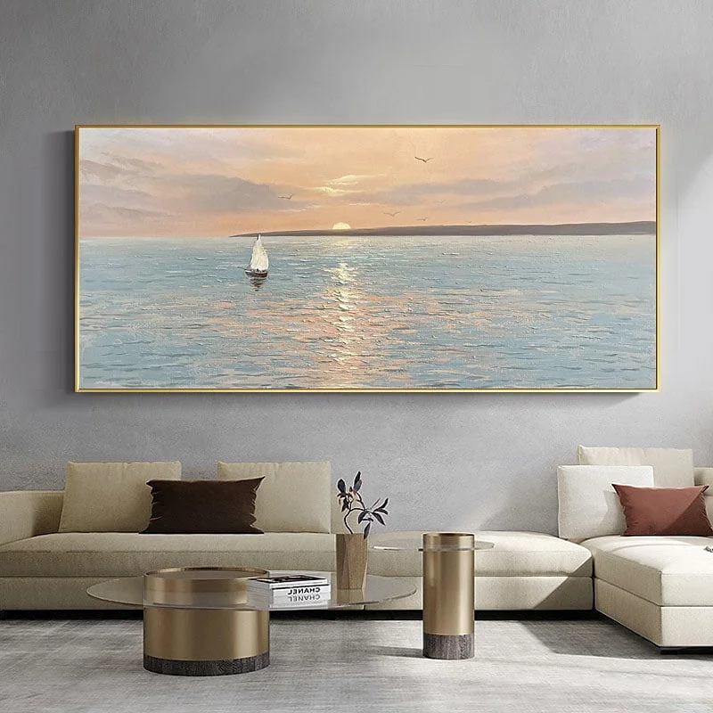 

Moderan Sea Sunrise Sailboat Cotton 100% Handmade Seascape Paintings For House Decoration