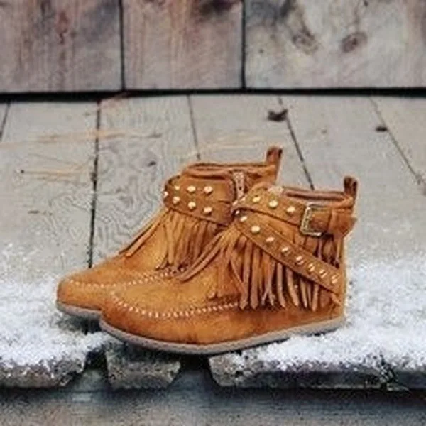 

Women Ankle Short Boots Tassels Big Size Round Toe Boots Side Zipper Rivets Bare Warm Non-slip Boots Shoe For Ladies botas mujer