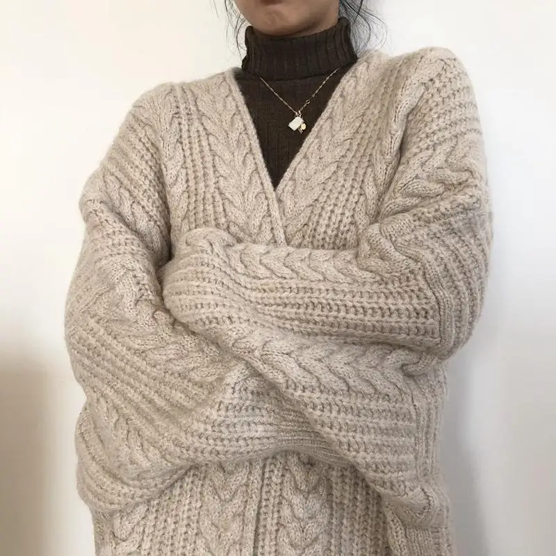

Winter Women Sweater Vintage Long Sleeve V Neck Warm Women Tops Outwear Casual Loose Long Knitted Cardigan Coat Female Clothing