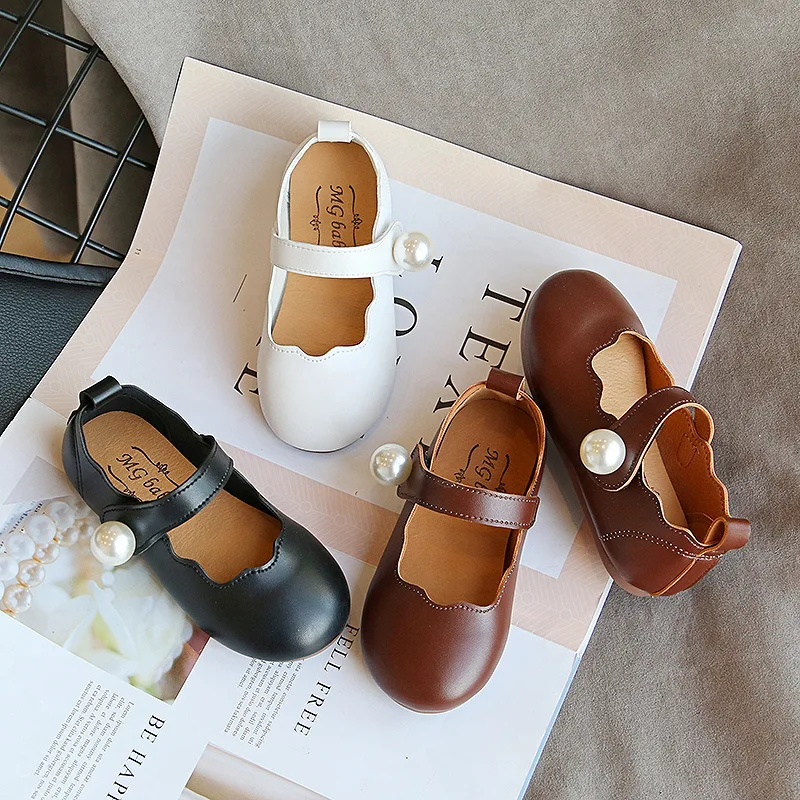 

Children's Flats For Toddlers Girls Fashion Princess Sweet Pearls Decoration Kids Mary Janes Soft Dress Shoes For Wedding Party