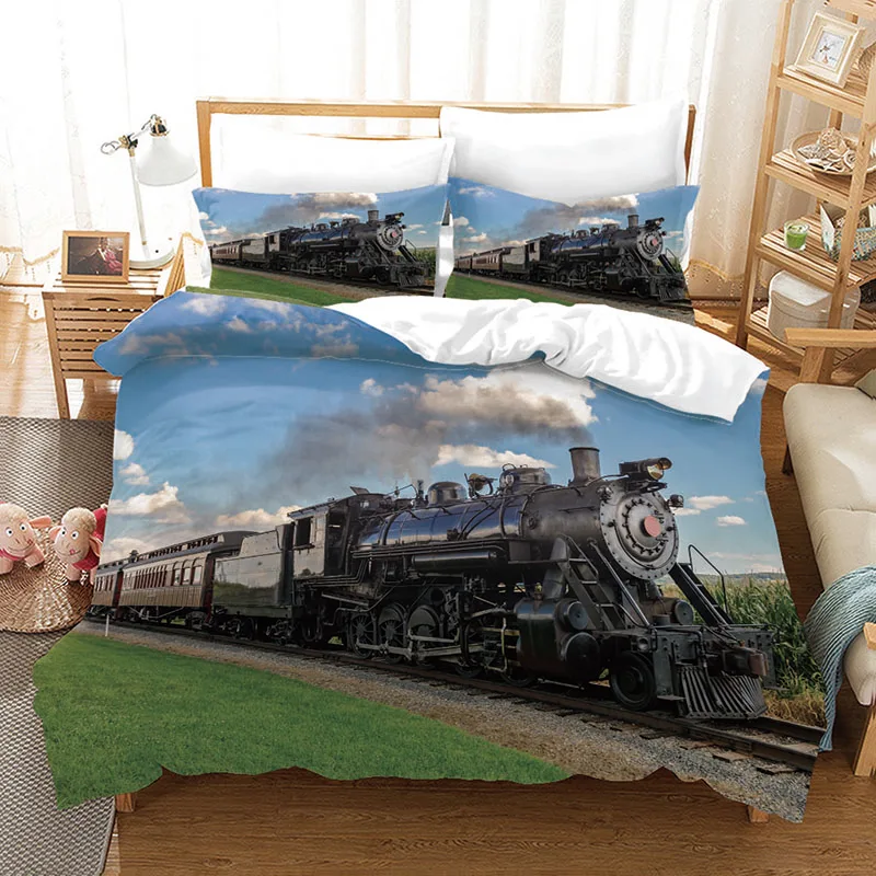 

Steam Engine Train Pattern Polyester Microfiber Duvet Cover Automobile Theme Decorative 2/3 Piece Bedding Set with Pillowcases