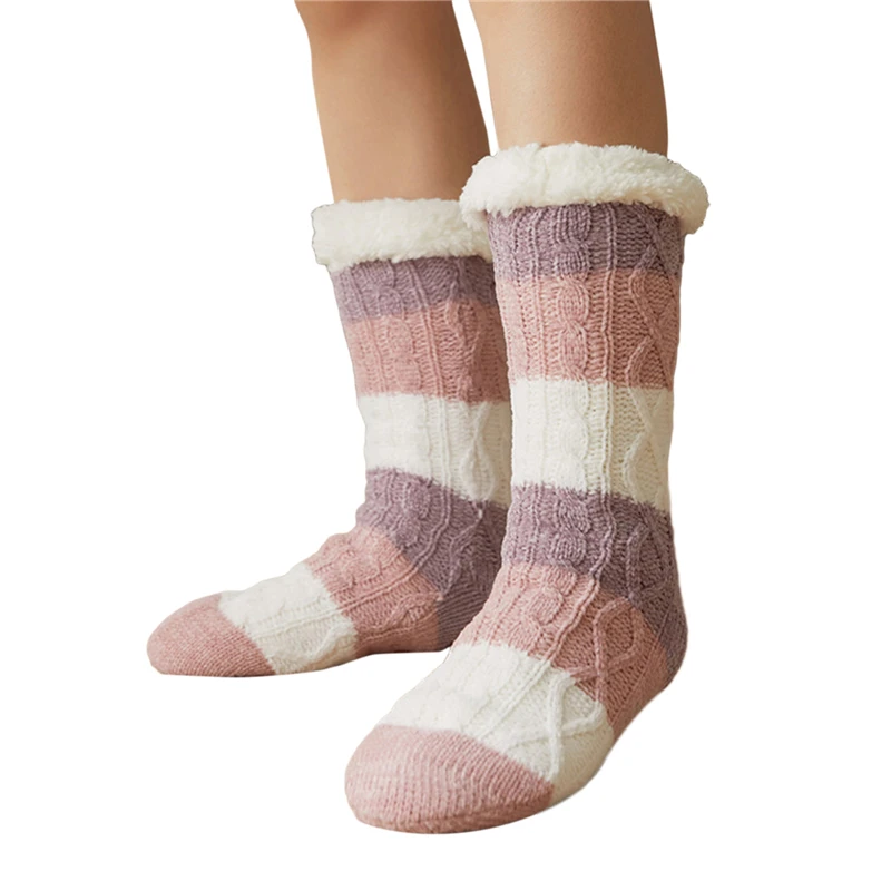 

Thick Warm Sleep Socks Slippers Thicken Women Girls Print Stripe Casual Non Slip Warm Winter Mid Tube Cute Socks